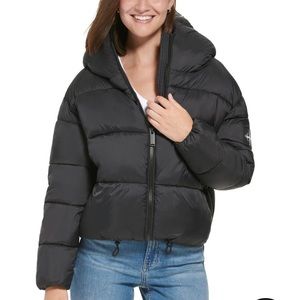 NWT CALVIN KLEIN women’s olive green cropped hooded puffer jacket